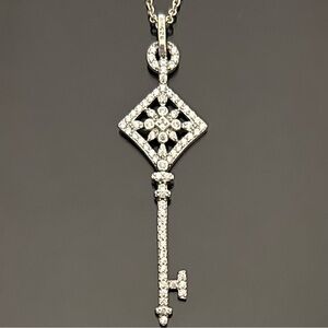 Elegant Silver Key Pendant 1.5” Necklace 18” Marked 925 on Key, Bail and Chain